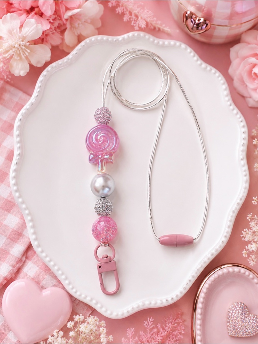 Hand Crafted Pink Beaded Lanyard Key & Card Holder